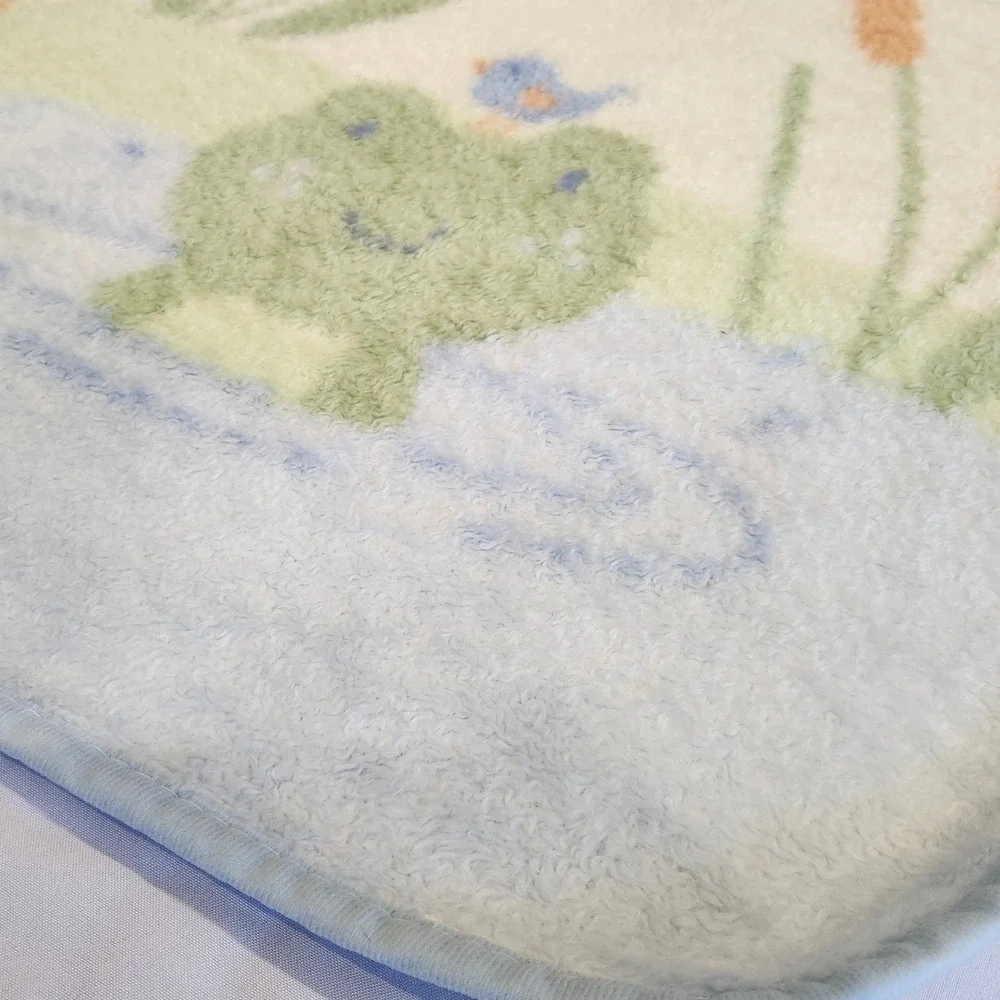Vintage Carter's Baby Blanket Frog Pond Duck Bird Blue‎ Green Plush Blanket